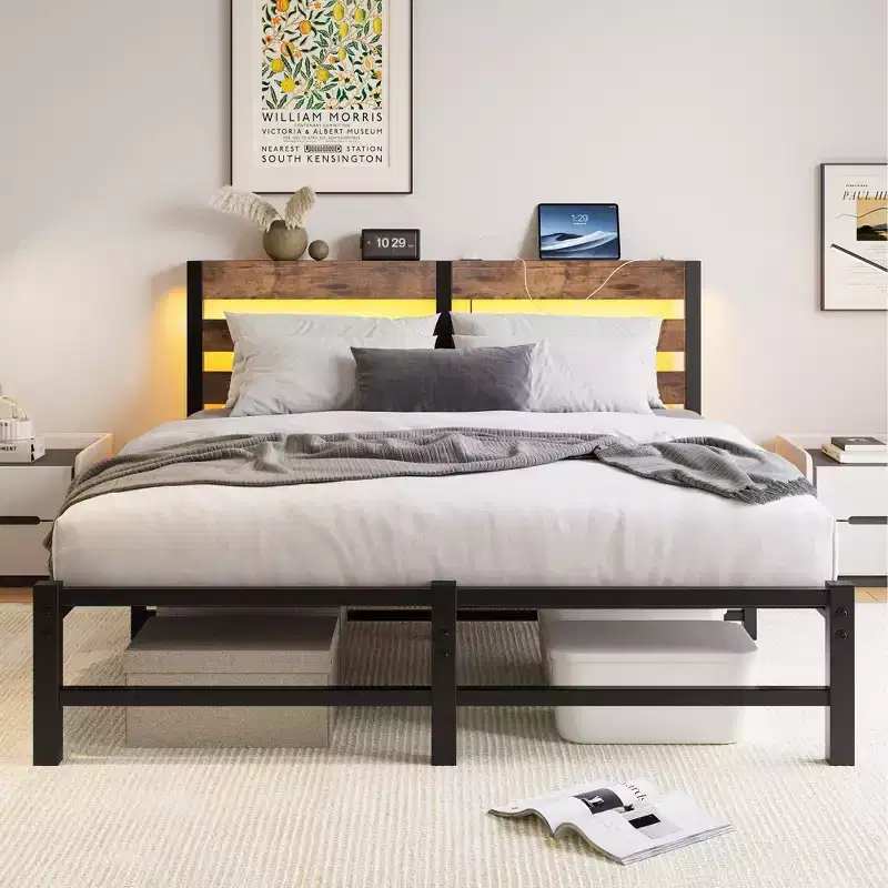 Queen Bed Frame Metal Wooden Headboard Charger Shelf Quiet No Box Spring Rustic Brown