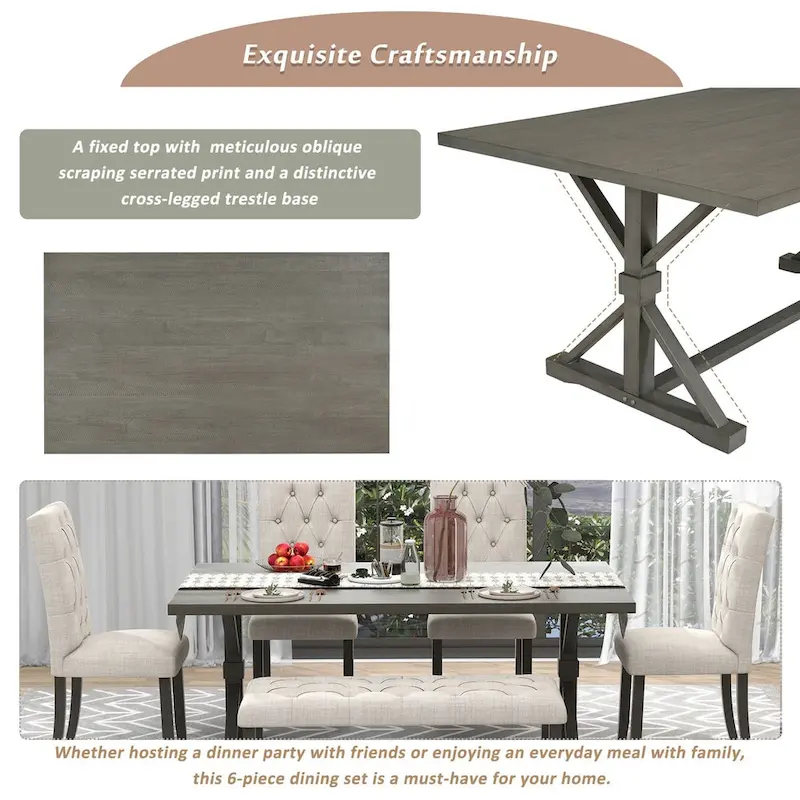 6-Piece Farmhouse Dining Table Set 72 Wood Rectangular Table, 4 Upholstered Chairs with Bench