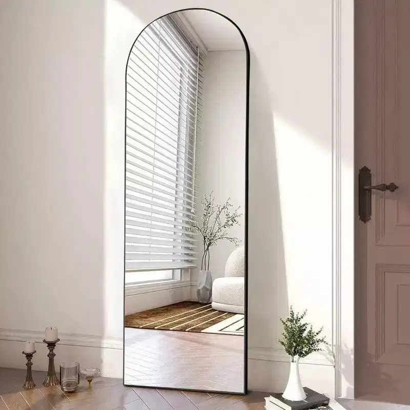 64.1x21.5 Black Arch Mirror - Aluminum Frame with Stand. Full Length for Hanging, Leaning, or Standing