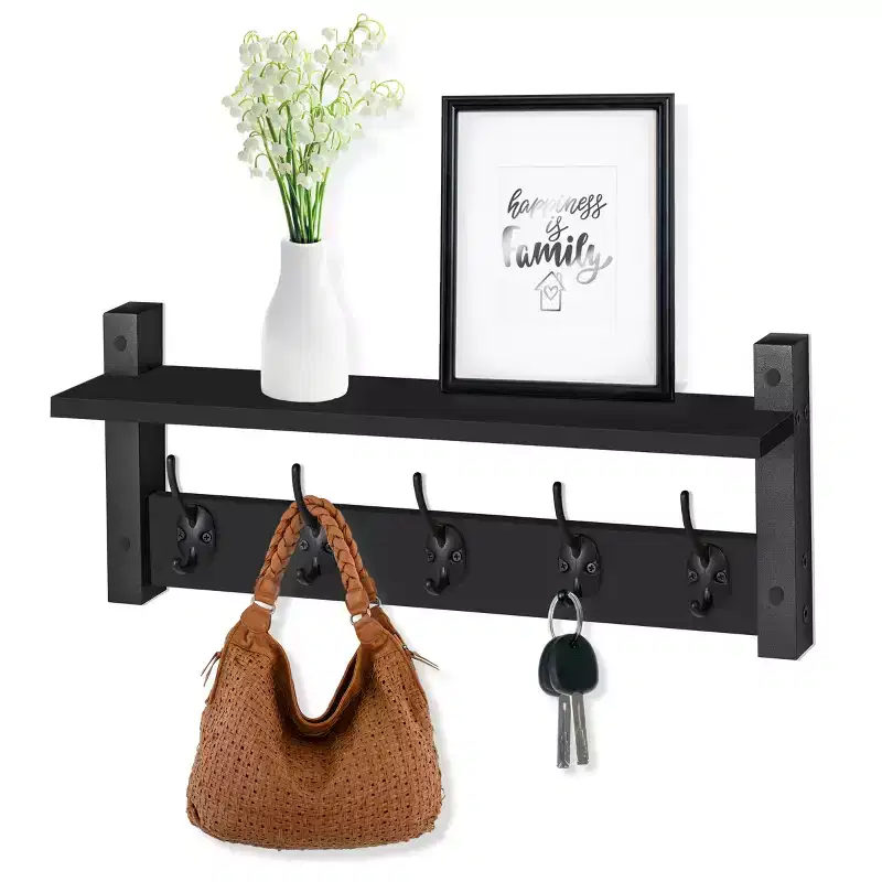 24 Inch Floating Wall Shelf with 5 Heavy Duty Hooks for Entryway, Bathroom, Bedroom, Kitchen, or Mudroom
