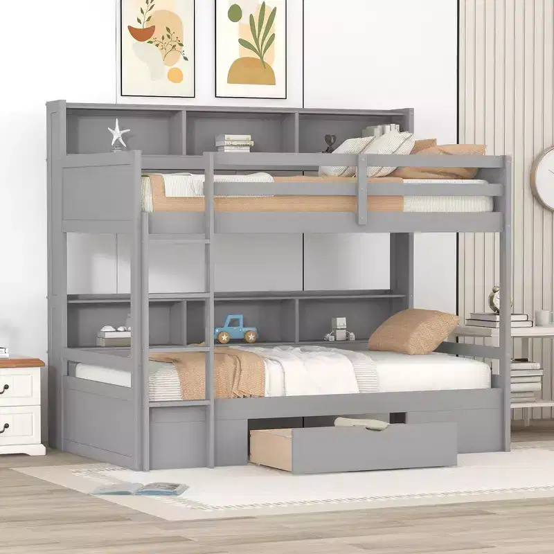 Whisen Twin Size Bunk Bed with Built-in Shelves Beside both Upper and Down Bed and Storage Drawer