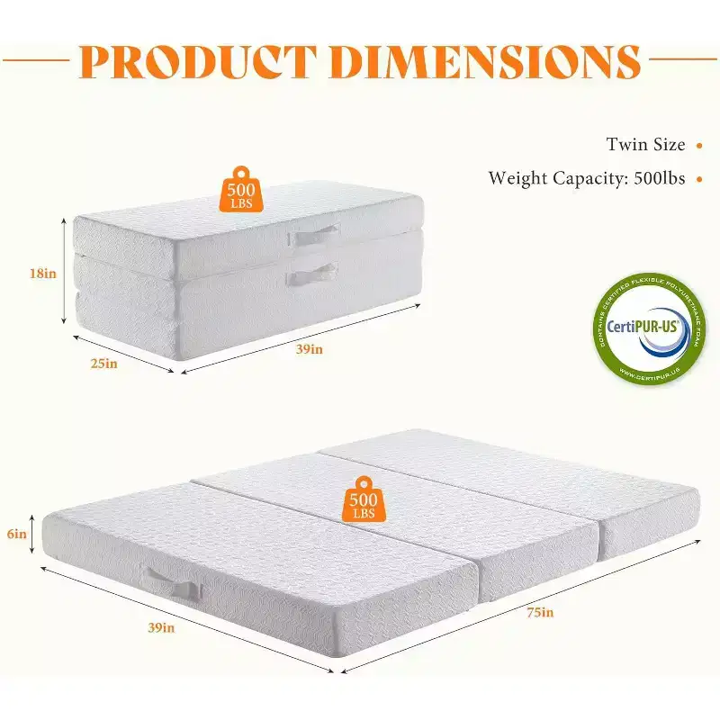 AMERLIFE 6 Inch Tri-Fold Memory Foam Mattress with Removable Washable Cover, for Guests, Camping, Dorm & Travel, White