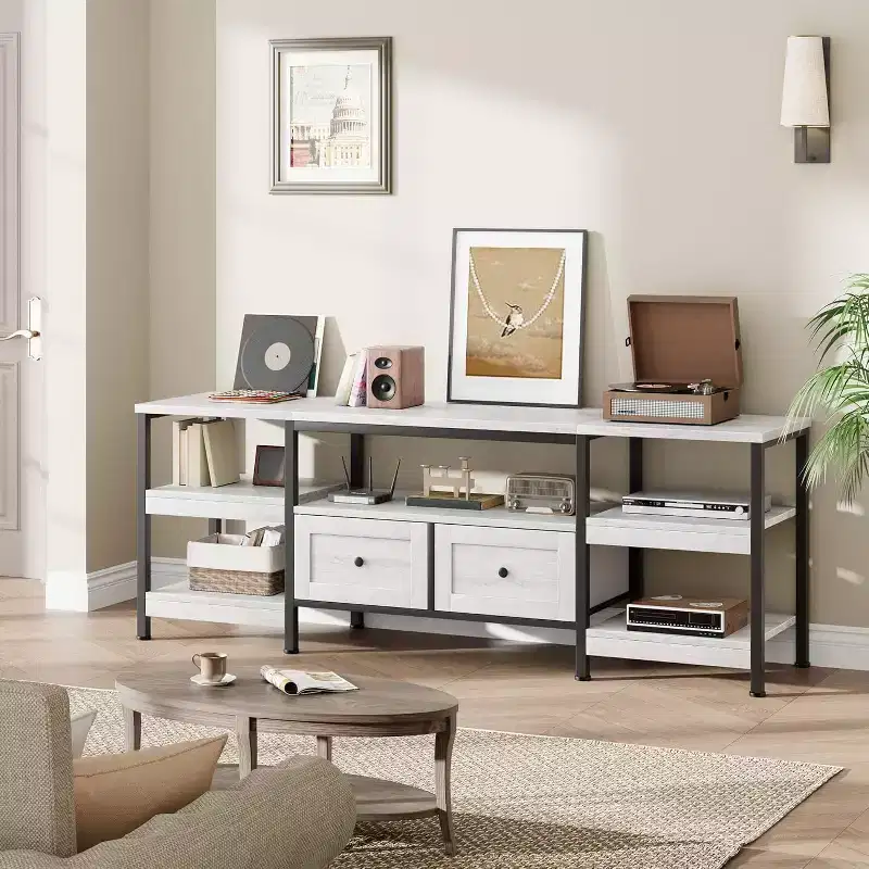 71 Rustic TV Stand with Storage - Holds TVs Up to 75, 2 Drawers & Open Shelves, Industrial Metal Frame Entertainment Center