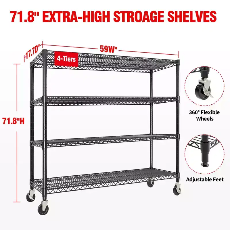 COZONY 73 Heavy Duty Shelving Unit, 2640LBS Capacity, 4-Tier Adjustable Storage Shelves with Wheels & Feet, Garage, Pantry, Kitchen