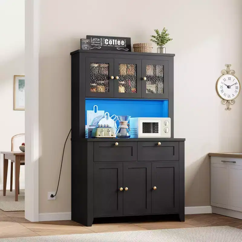66 Tall Pantry Cabinet with LED Lights, Charging Station, Storage Drawers and Adjustable Shelves for Dining Room, Living Room