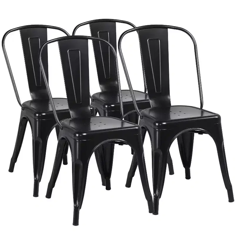 Stackable Metal Dining Chair, Set of 4 (Black / Distressed White / Metal)
