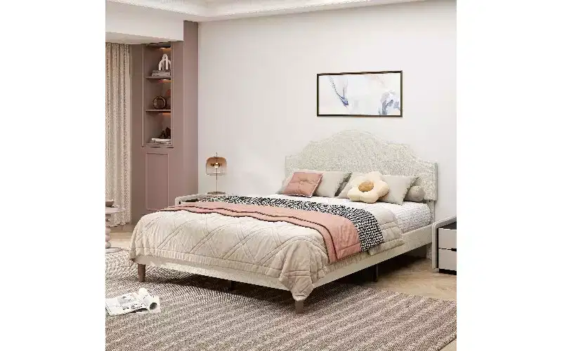 TUYOHW Modern Queen Size Bed with Linen Headboard & Footboard, Adjustable Height Platform Bed Frame, No Box Spring Needed