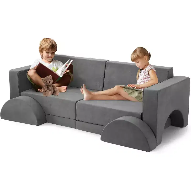 Acekool Kids Modular Sofa, 8-Piece Play Couch Set, Convertible Foam Sofa for Bedroom & Playroom, Washable, Gray