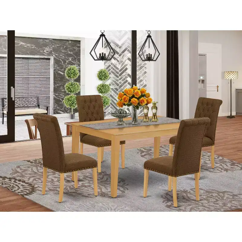 HomeStock Belmont 5Pc Dining Set Includes a Rectangle Dinette Table and Four Parson Chairs with Dark Coffee Fabric, Oak Finish