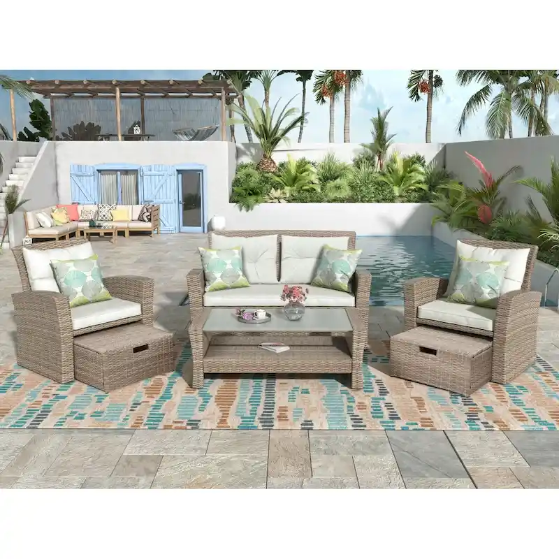 4 Pcs Patio Furniture Set, All Weather Outdoor Conversation Set, Wicker Sectional Sofa with Ottoman and Cushions