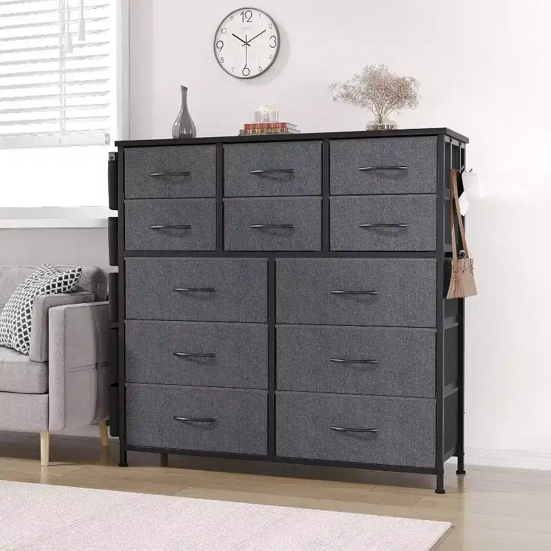 12-Drawer Fabric Storage Tower with Wooden Top, Side Pockets & Hooks – Bedroom Dresser for Closet, Hallway