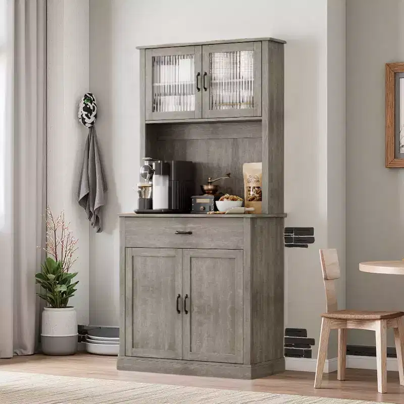 71 Tall Kitchen Pantry Cabinet with Microwave Stand, Freestanding Hutch Buffet Storage with Glass Doors & Shelves for Dining Room & Home
