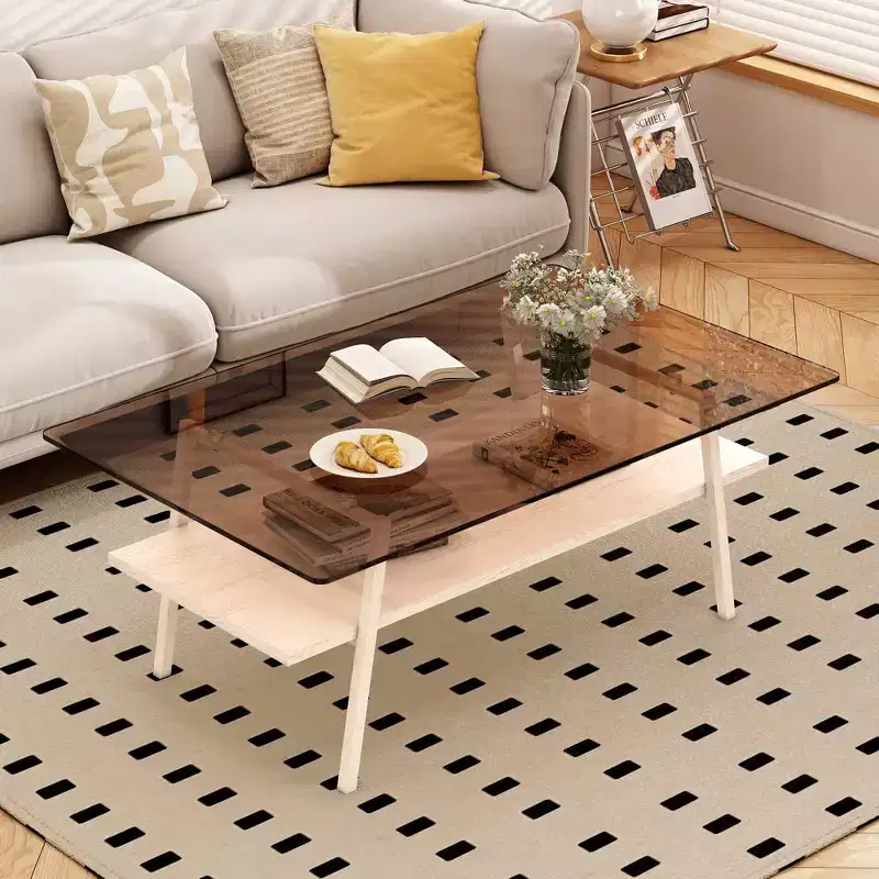 Mayeerty Rectangle Coffee Table, Tempered Glass Tabletop with White Metal Legs, Modern Table for Living Room , Brown Glass