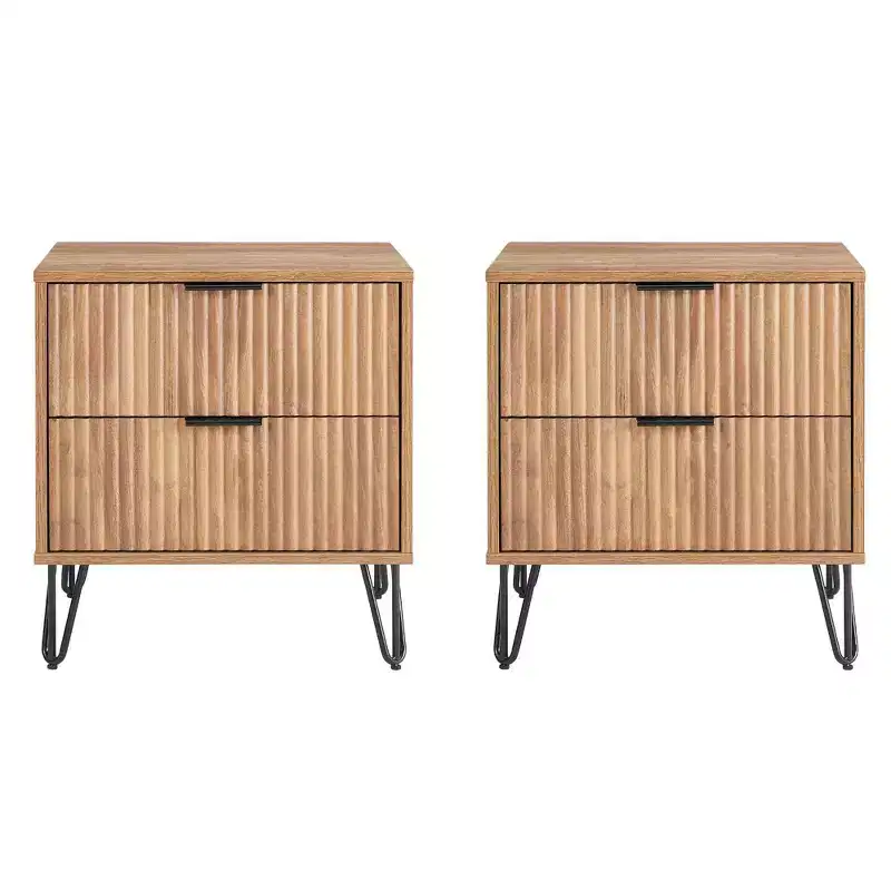 Manhattan Comfort Set of 2 Dumbo 2 Drawer Nightstands Golden Brown: Modern MDF Storage Furniture with Metal Glides