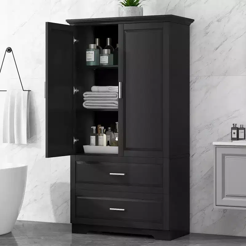 Modern Tall Freestanding Wood Bathroom Storage Cabinet with Adjustable Shelf, Drawers and Doors