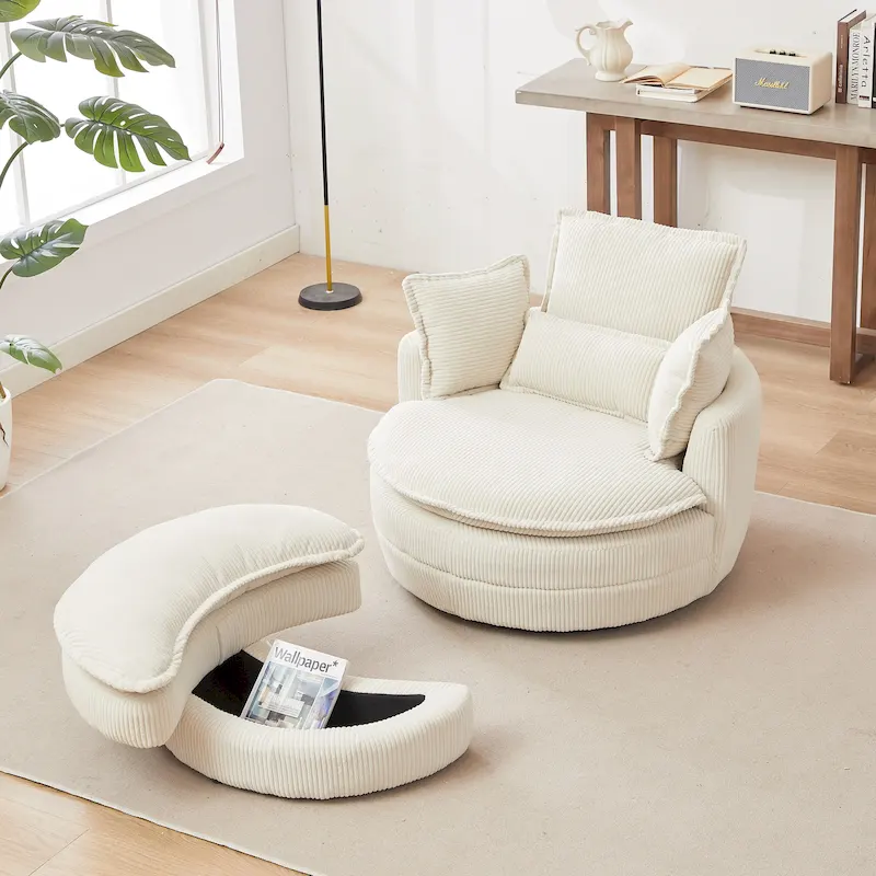Oversized Swivel Barrel Chair with Storage Ottoman