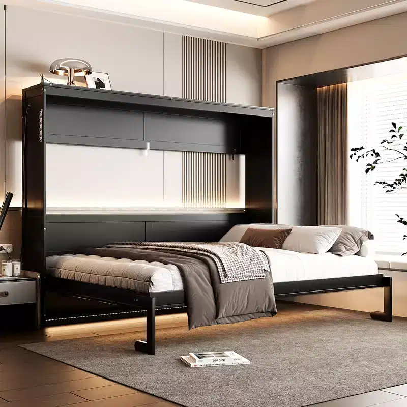Modern Side-Folding Murphy Bed with Printed Panel, LED Lighting & USB Charging