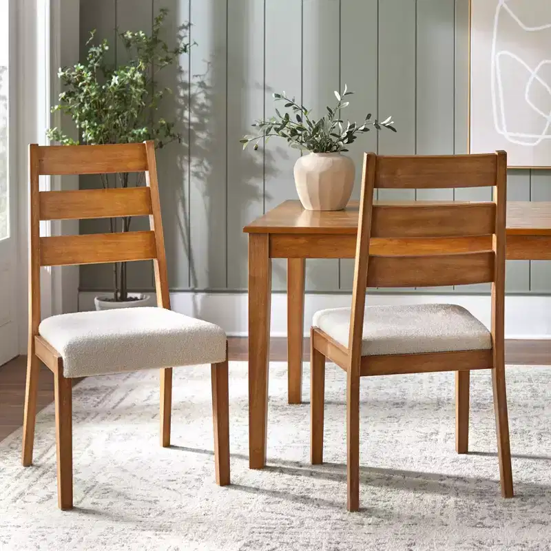 Set of 2 Farmhouse Ladder Back Dining Chairs, Off White/Antique Oak, Rubberwood