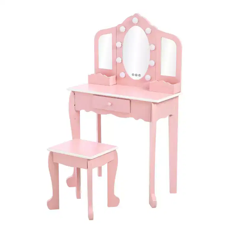 Girls Vanity Set with Lighted Mirror - Tri-Fold Mirror Play Table & Stool with Storage