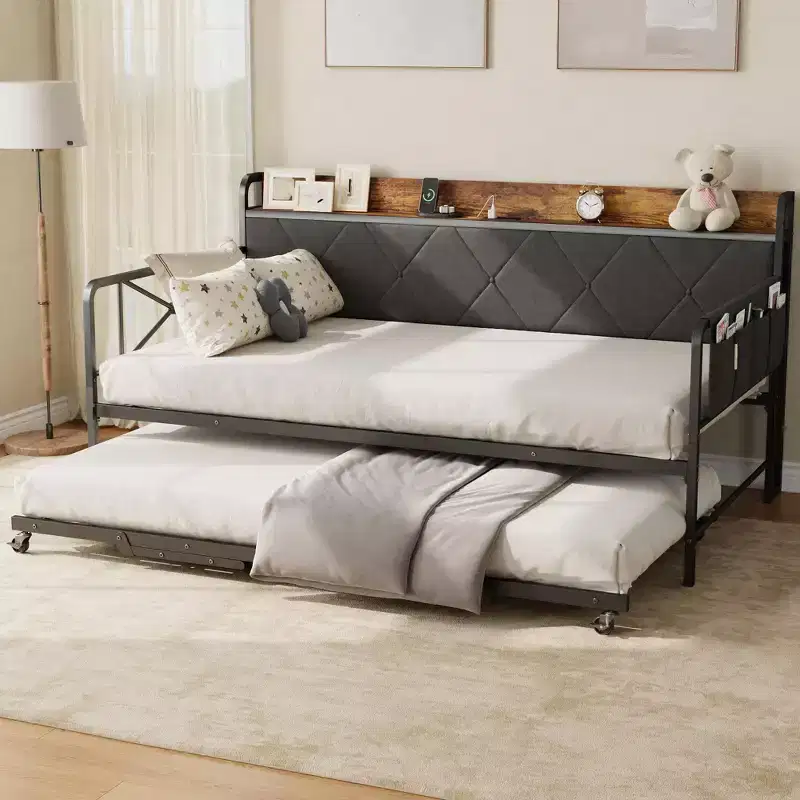 Daybed with Trundle and LED Light, Twin Size Bed Frame with Upholstered Headboard and Charging Station, Metal Frame Sofa Day Bed or Living Room