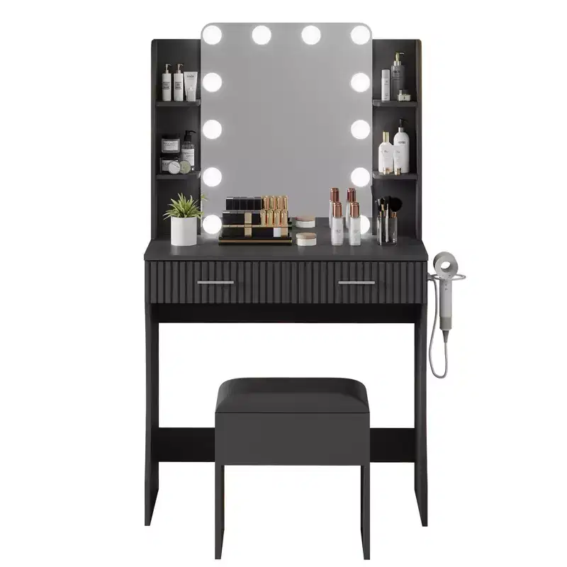 Makeup Vanity Desk with Mirror,Vanity Table with Power Outlet,2 Drawers,6 Shelves,Hair Dryer Holder&Stool,Modern Dressing Table Furniture for Bedroom