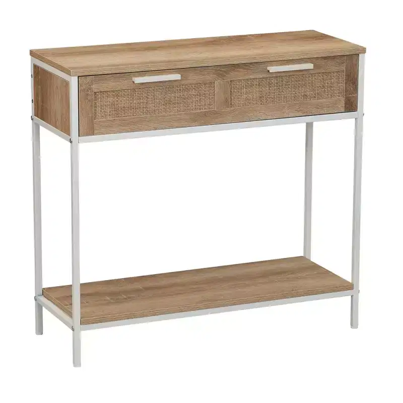 Bungalow Rectangular Console Sofa Table with Storage Shelf and 2 Drawers Coastal Oak Rustic Wood Grain Woven Front and White Metal