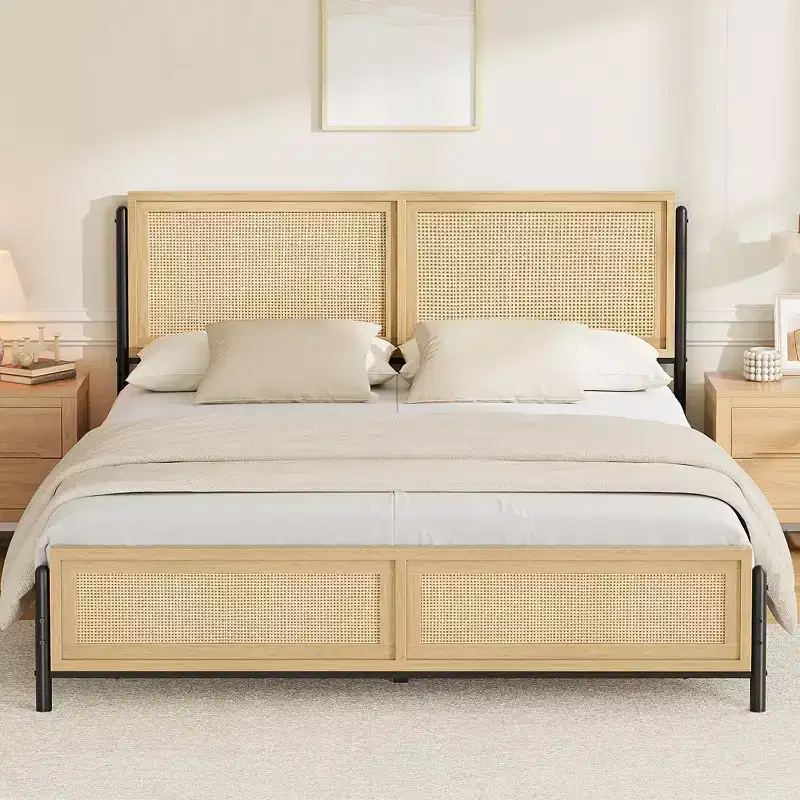 Acekool Rattan Bed Frame - Boho Full Size with Storage