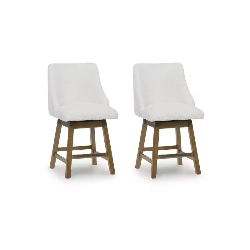 Counter Height Upholstered Swivel Barstools, Light Brown Wood Frame with Oatmeal Cushioned Seat
