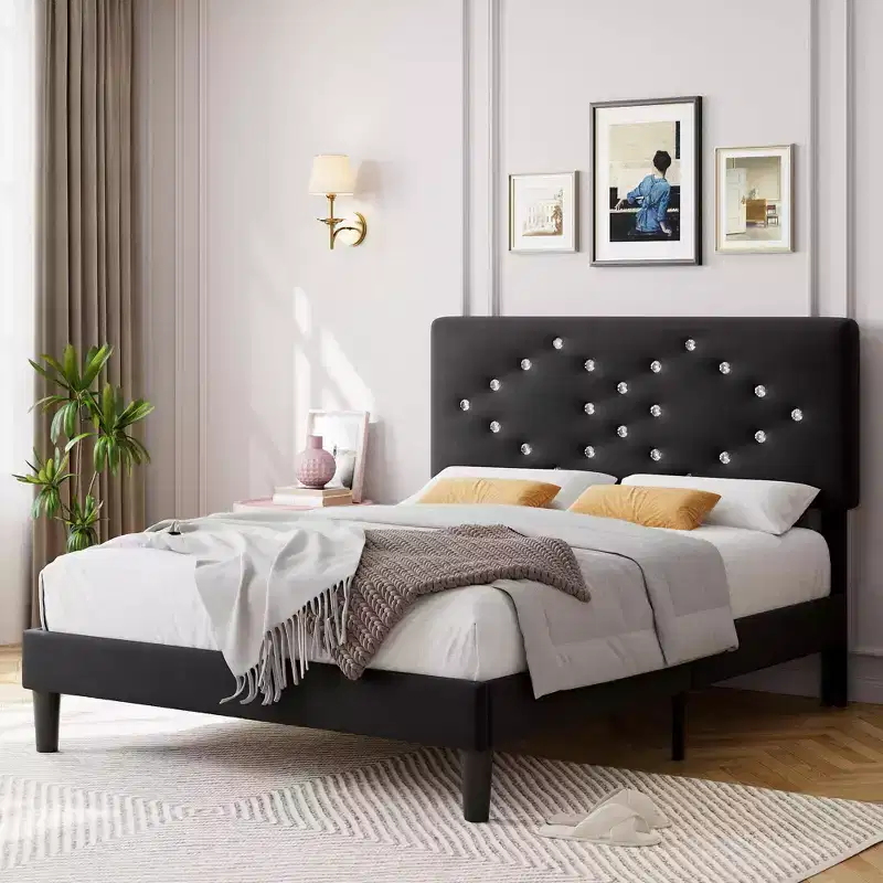 GustoWave Velvet Upholstered Bed Frame, Vertical Channel Tufted & Sturdy Wood Slats