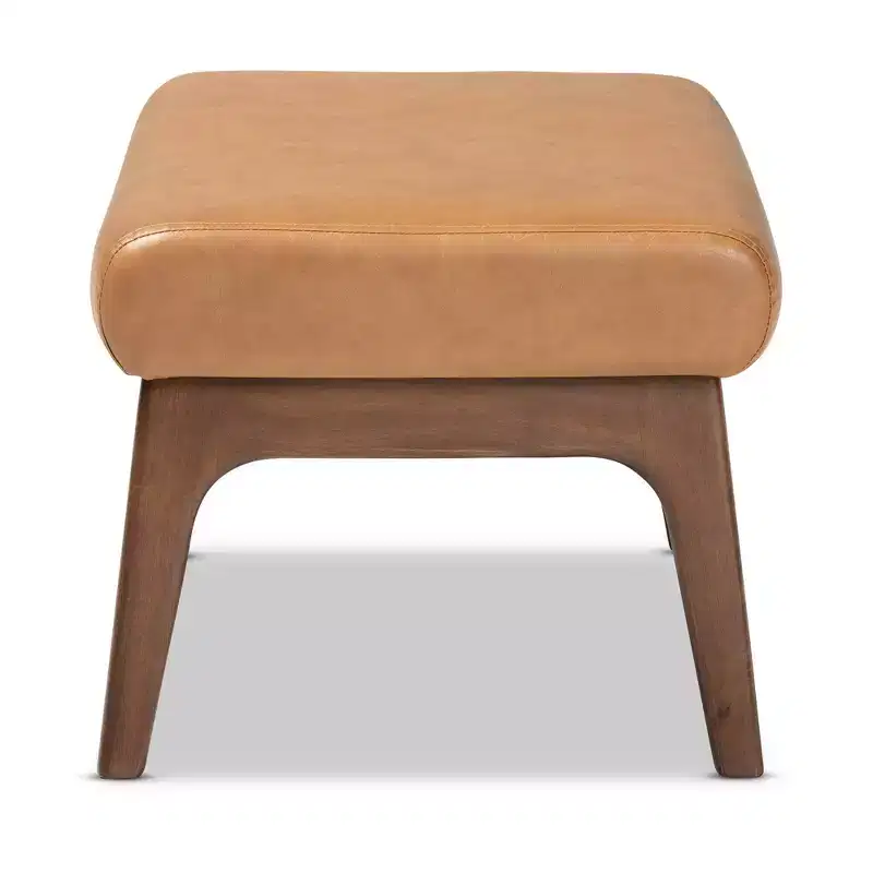 Wood and Tan Faux Leather Effect Ottoman Tan/Walnut Brown - Upholstered Bench, Footstool, Polyester