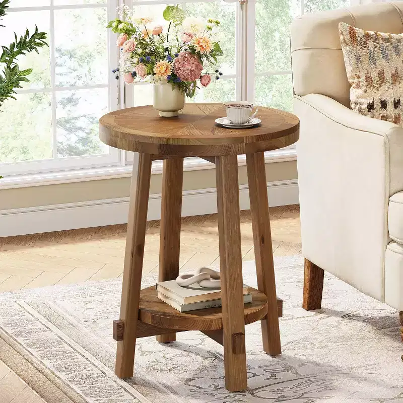Solid Wood Side Table for Living Room, Farmhouse Small Round End Table with 2-Tier Storage for Small Spaces, Bedroom, Brown