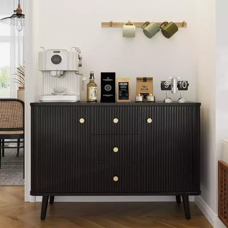 Acekool Black 47in Modern Sideboard Buffet Cabinet, Fluted Storage Cabinet with Drawers & Adjustable Shelves for Dining Room
