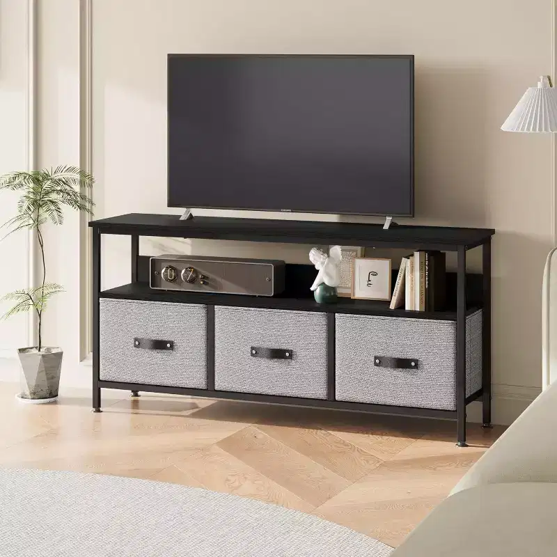 55 Black TV Stand with Grey Drawers, Dresser-Style Entertainment Center for Living Room & Bedroom Storage