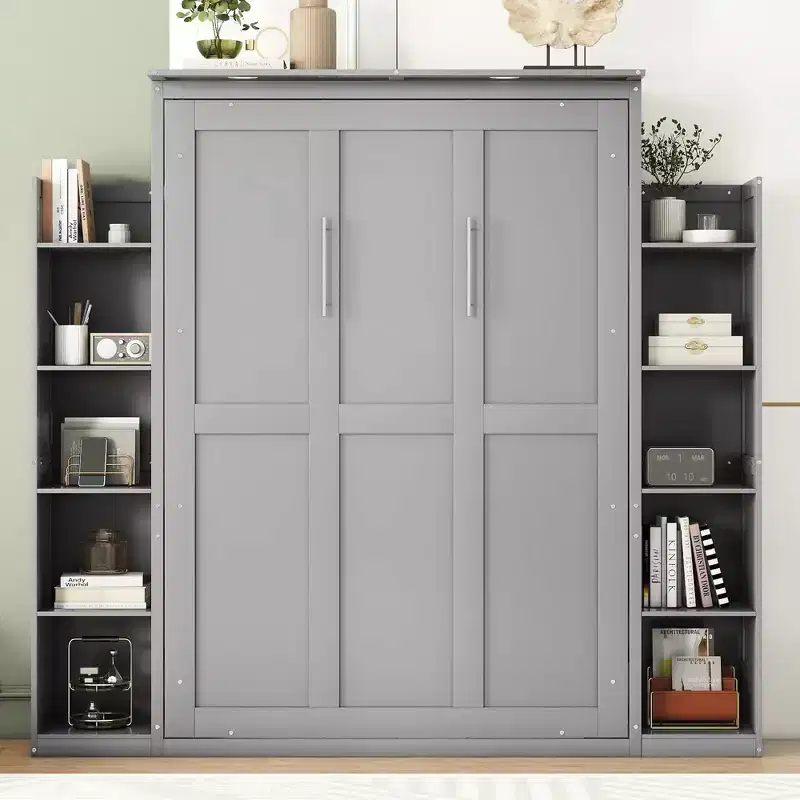 Full/Queen Size Murphy Bed/Wall Bed with Shelves and LED Lights 4A