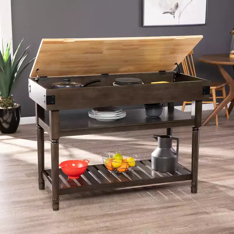 Rubberwood Kitchen Island with Butcher Block Top and Open Shelves, 35
