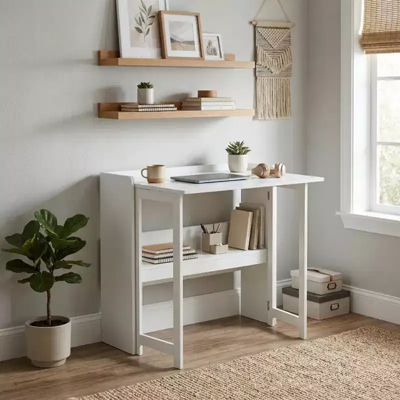 FurnitureR Folding Desk with Storage Shelf, Small Space Drop Leaf Computer Desk with Bookshelf, Writing Desk for Home Office, Bedroom, Apartment