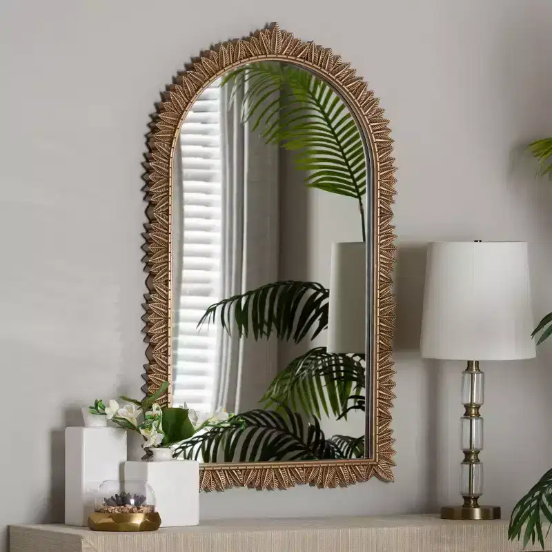 Antique Gold Finished Wood Arch Accent Wall Mirror with Carved Leaf Border