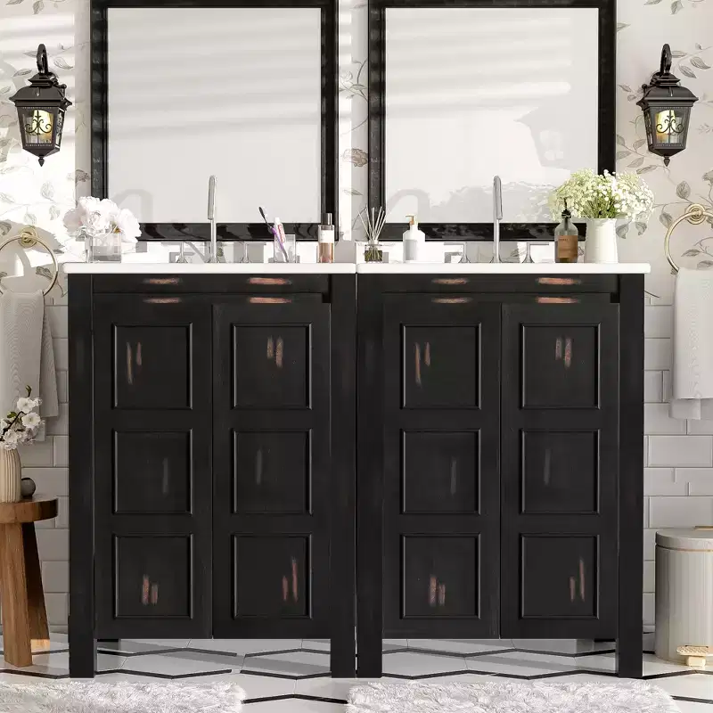 48 Vintage Bathroom Vanity Combo with Double Vanities, Bathroom Storage Cabinet with Soft Close Doors and Shelf, Espresso
