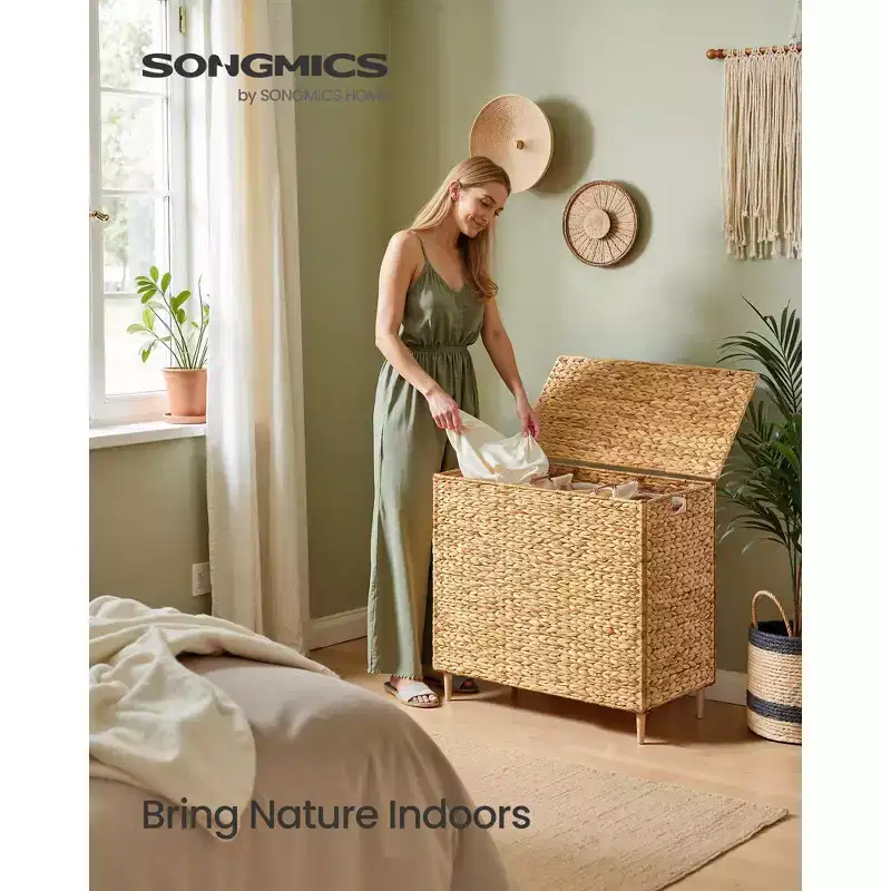 SONGMICS Laundry Hamper 3 Sections, 47.5 Gal. (180 L) Handwoven Water Hyacinth Wicker, with Lid, Removable Washable Liners, Handles, Natural