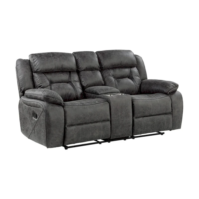 Grey Microfiber Manual Double Recliner Loveseat with Center Console for 2 Person