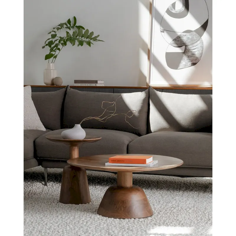 Black / Natural, Modern Round Pedestal Coffee Table for 1 – Solid Wood, 30W x 30D x 14H