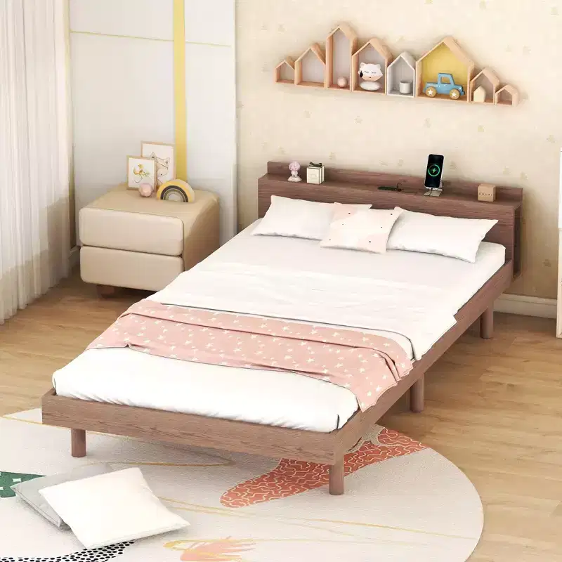 Modern Design Twin Size Platform Bed Frame with Built-in USB port for Walnut Color