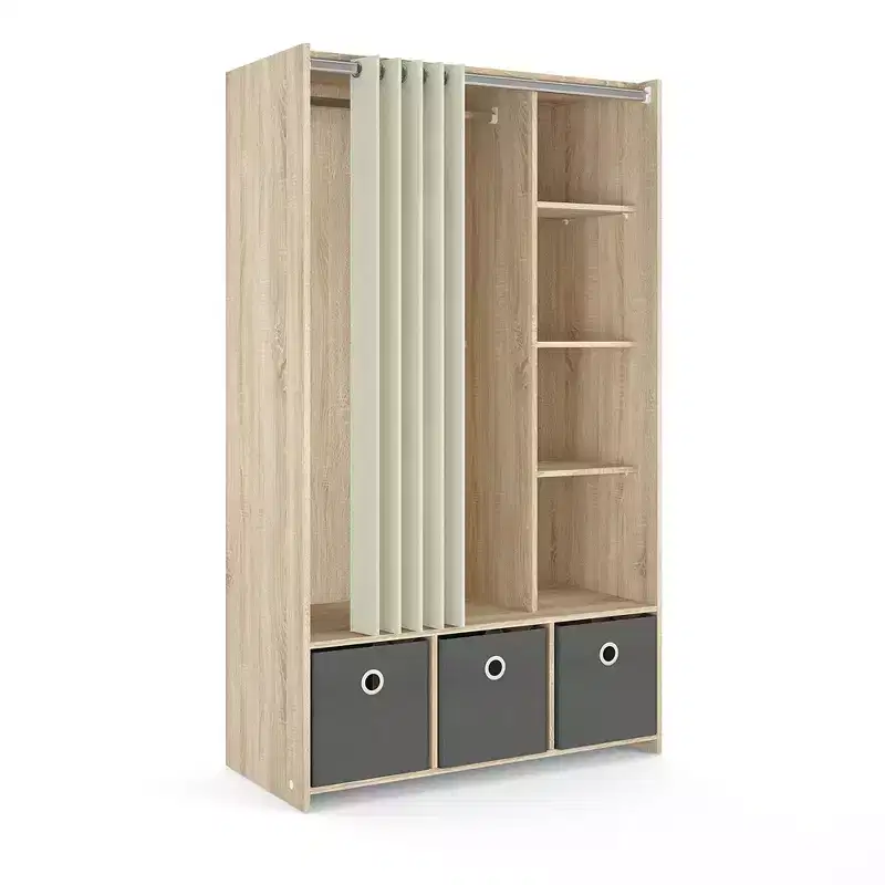 3 Bin Wardrobe with Curtain – Oak Structure / Natural Fabric / Grey Textile