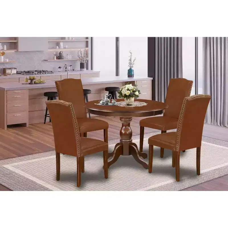 5-Piece Round Mahogany Finish Solid Wood Top Dining Table with 4 Parson Chair with