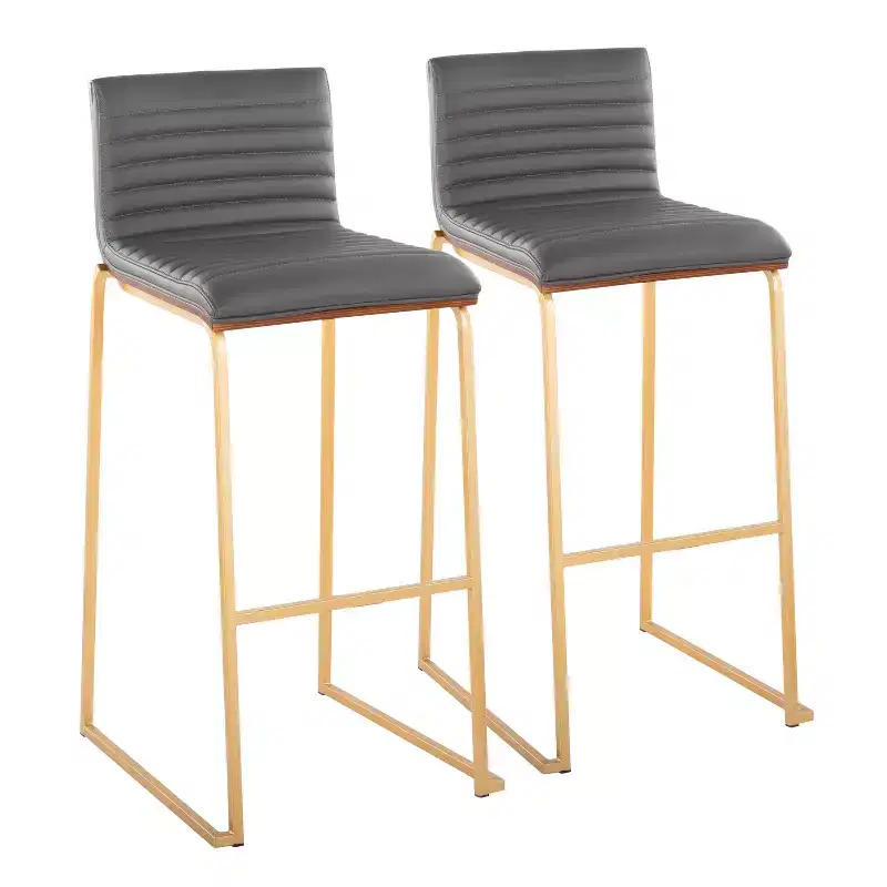 LumiSource 30" Mason Mara Fixed Height Barstools Gold Metal Walnut Wood/Gray PU Leather