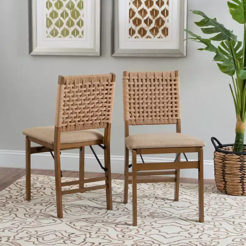 Linon Set of 2 Valley Woven Back Padded Seat Midcentury Modern Folding Chair Natural