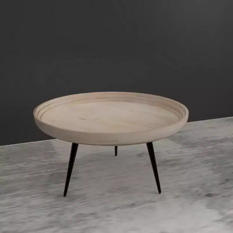 Coffee Table Round Tray Top Handcrafted Washed White Mango Wood, 30 Inch
