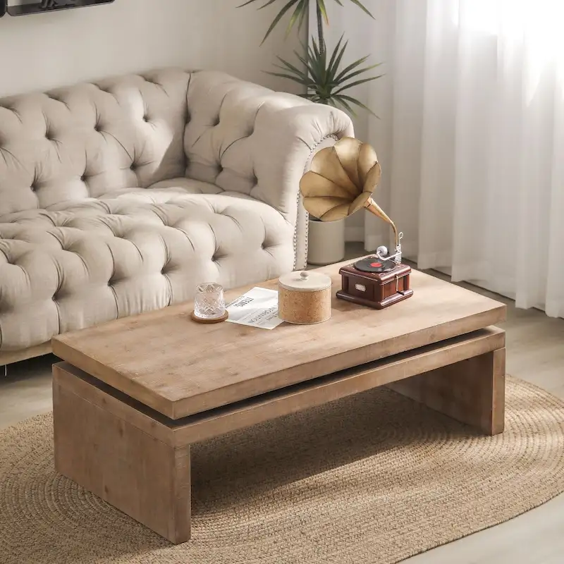 Rectangular Coffee Table with 2-Tier Wood Grain Top, 47.6