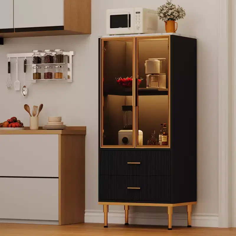 Fluted Display Cabinet with Glass Door, Modern Storage Cabinet with 2 Drawers for Living Room and Office