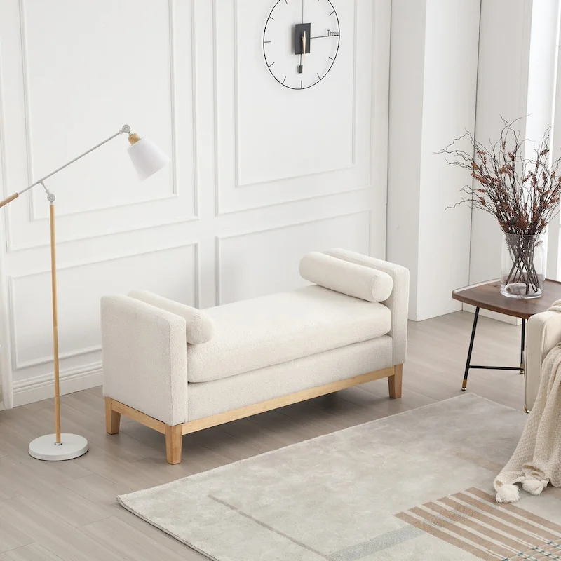 53.5W Elegant Boucle Upholstered Bench, Ottoman with Wood Legs & Bolster Pillows